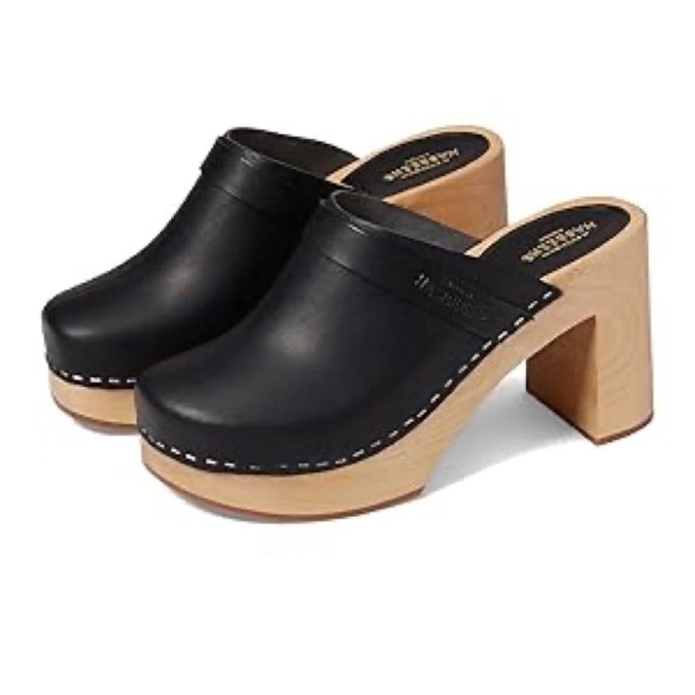 Swedish Hasbeens Black Leather Clog Heels with Natural Wood Platform